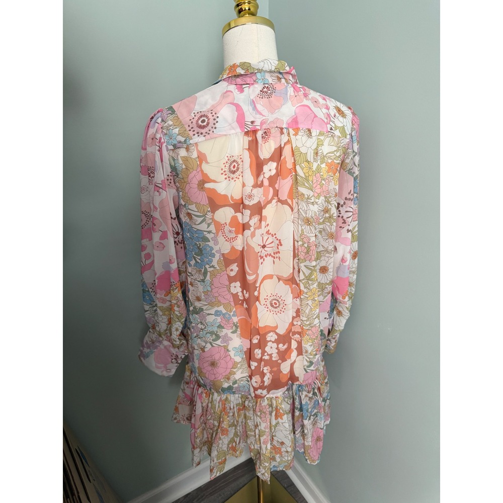 Pink Ripple Mixed Floral Patchwork Button Down Ruffle Mini Dress Small - Picture 2 of 3